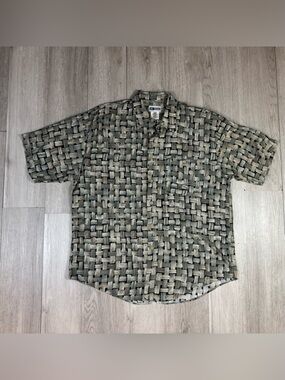 Untied Vintage Men's Hawaiian Short Sleeve Button Up Shirt Green Gray Black L